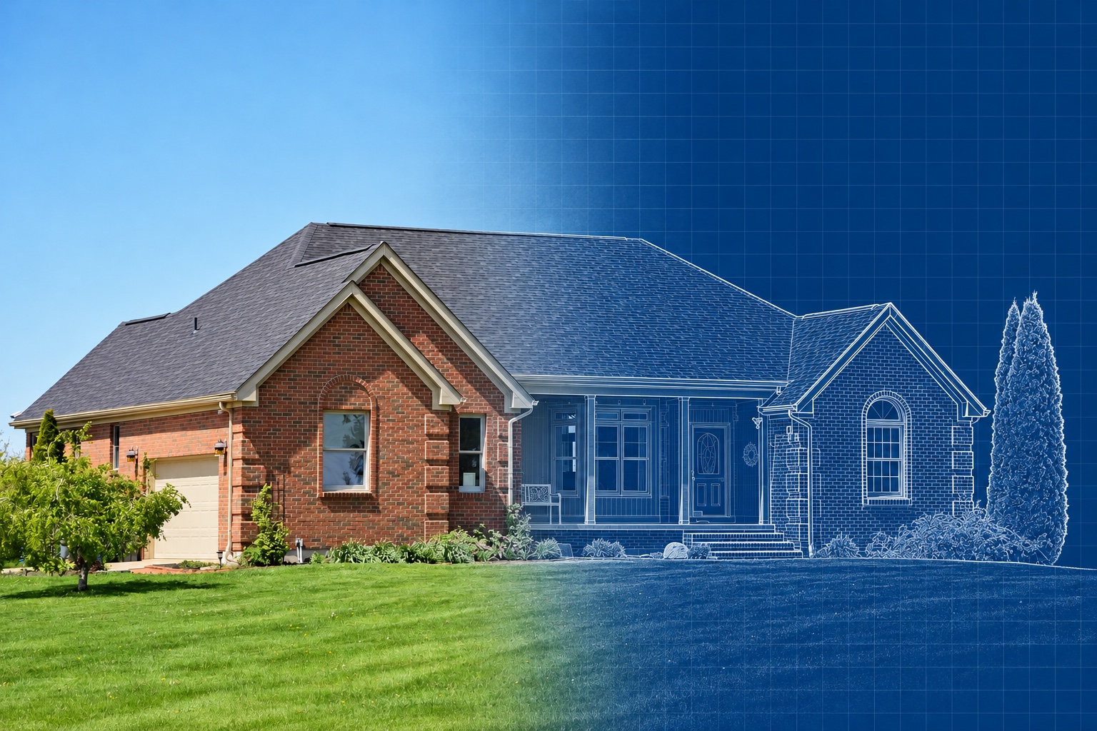 A real red brick home with a gabled roof and green lawn blending softly into blue architectural linework.